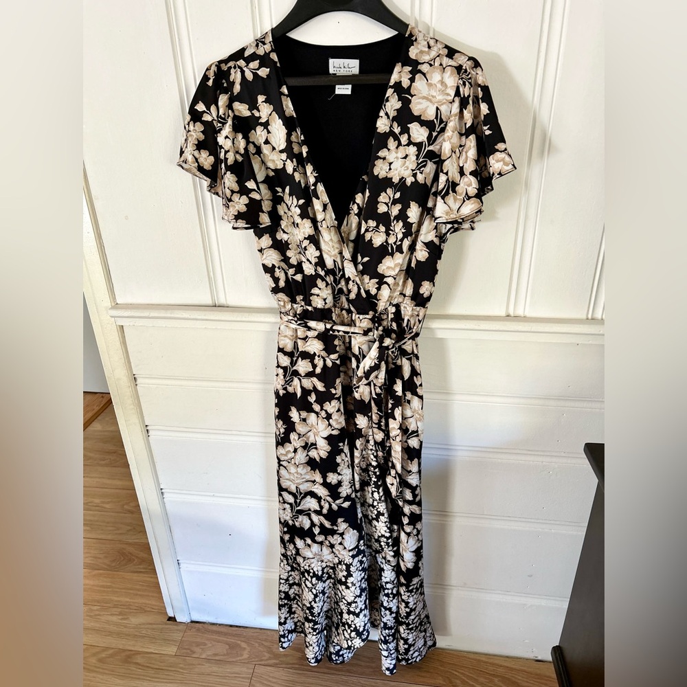Nicole Miller Floral Black and Cream Wrap Dress